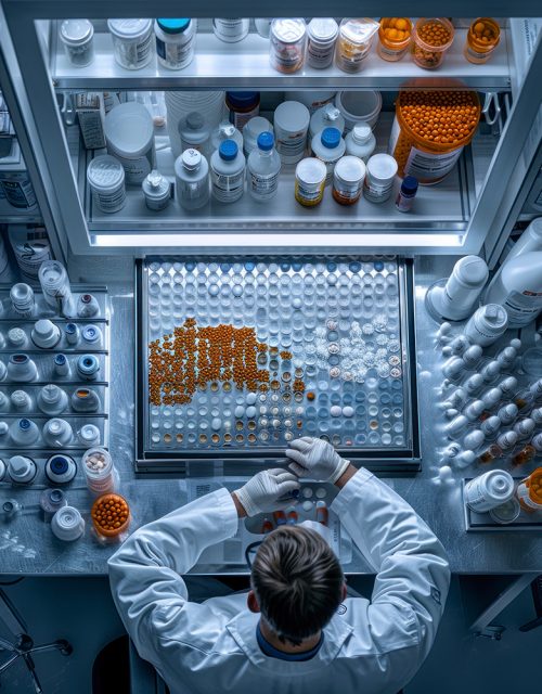 Photo of a pharmacist in a compact pharmacy, preparing a custom medication with precision. The image is taken from a top-down view, showing the pharmacist’s careful work and the small, well-organized workspace. --chaos 13 --ar 4:5 --stylize 300 Job ID: 5ad4a7f8-a95a-4be4-a41a-ebade4ff4b43